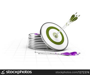 Many targets on the floor and on green target and three arrows in the center, concept of business objectives . Business Background, Corporate Design
