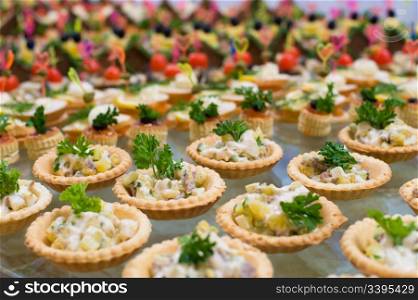 many tartlets with meat salad under mayonnaise and parsley on buffet table, shallow DOF