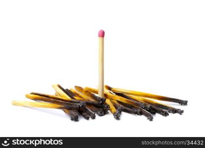 Many the spoiled matches on a white isolated background. One match the whole.