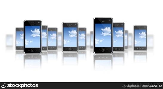 many three dimensional mobile phones on a white background. mobile phones
