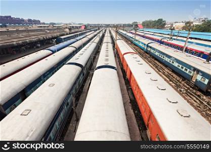 Many trains at New Delhi train station, India