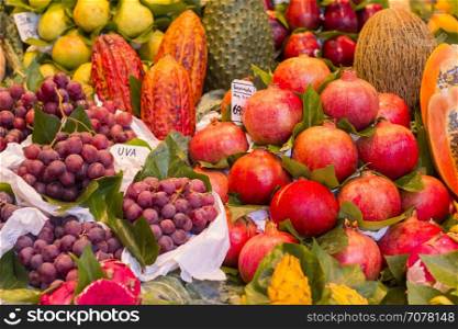Many various Fresh fruit at a market stall in Barcelona