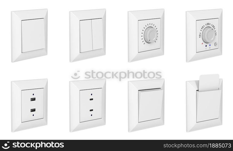 Many wall light switches, USB sockets, analog thermostat and key card slot. Set of objects isolated on white background.