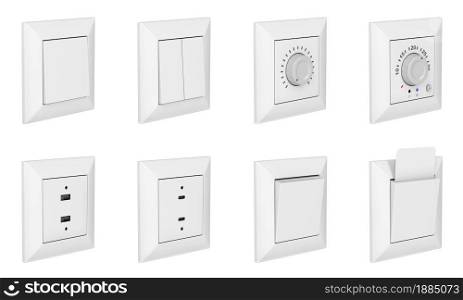Many wall light switches, USB sockets, analog thermostat and key card slot. Set of objects isolated on white background.