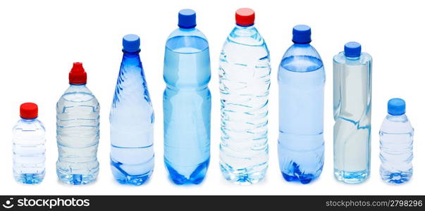 Many water bottles isolated on white