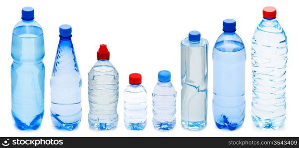 Many water bottles isolated on white