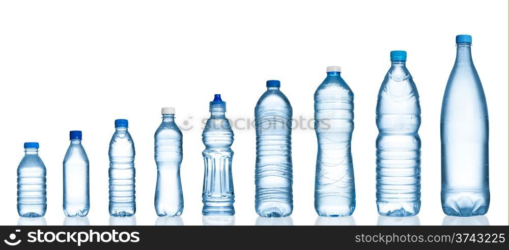 Many water bottles isolated on white