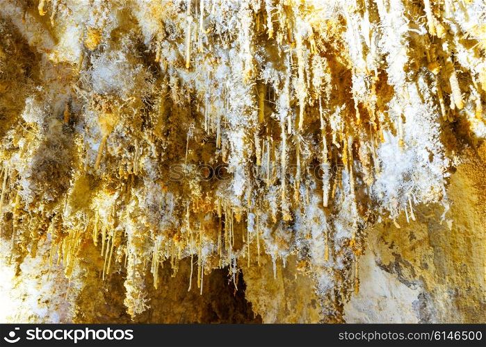 Many white stalactites inside of beautiful old cave. Grotte di Is Zuddas, Italy, Sardinia