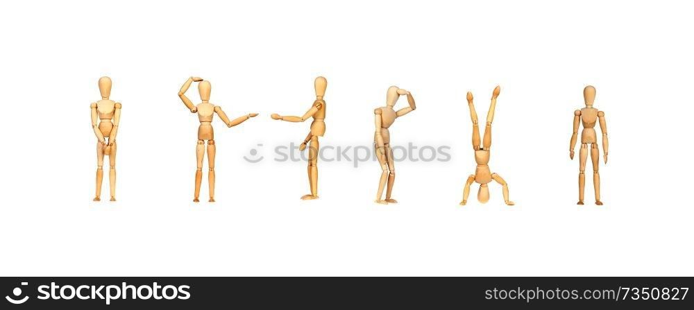 Many wooden mannequin doing differents gestures isolated on a white background