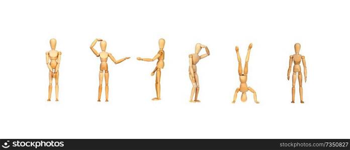 Many wooden mannequin doing differents gestures isolated on a white background