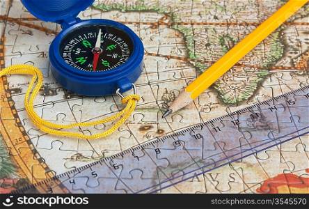 map and compass, still life