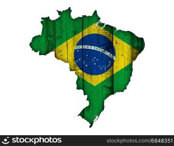 Map and flag of Brazil on weathered wood