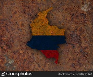 Map and flag of Colombia on rusty metal