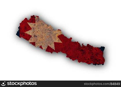 Map and flag of Nepal on rusty metal