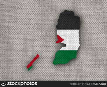 Map and flag of Palestine on old linen