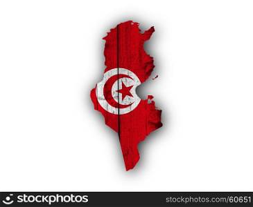 Map and flag of Tunisia on weathered wood