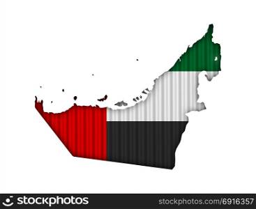 Map and flag of United Arab Emirates on corrugated iron