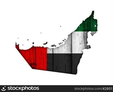 Map and flag of United Arab Emirates on weathered wood