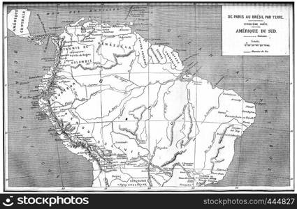 Map from paris to brazil, south america, vintage engraved illustration. Journal des Voyages, Travel Journal, (1880-81).