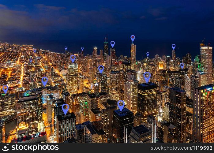 Map icon pin over Aerial view of Chicago cityscape skyscraper under the blue sky at beautiful twilight time in Chicago, United States, Landscape and Modern Architecture,technology and location concept