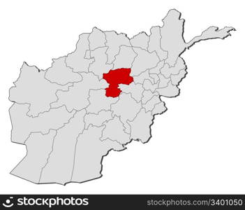 Map of Afghanistan, Bamyan highlighted. Political map of Afghanistan with the several provinces where Bamyan is highlighted.