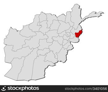 Map of Afghanistan, Kunar highlighted. Political map of Afghanistan with the several provinces where Kunar is highlighted.