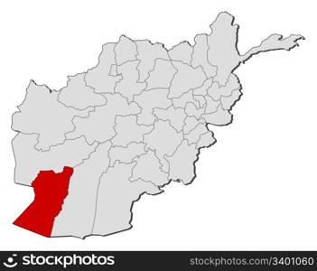 Map of Afghanistan, Nimruz highlighted. Political map of Afghanistan with the several provinces where Nimruz is highlighted.