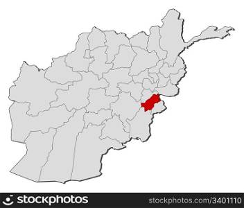 Map of Afghanistan, Paktia highlighted. Political map of Afghanistan with the several provinces where Paktia is highlighted.