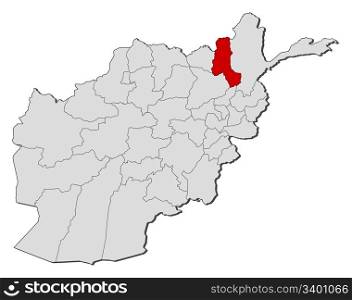 Map of Afghanistan, Takhar highlighted. Political map of Afghanistan with the several provinces where Takhar is highlighted.