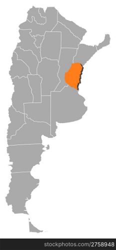 Map of Argentina, Entre Rios highlighted. Political map of Argentina with the several provinces where Entre Rios is highlighted.