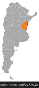 Map of Argentina, Entre Rios highlighted. Political map of Argentina with the several provinces where Entre Rios is highlighted.