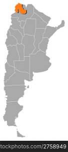 Map of Argentina, Jujuy highlighted. Political map of Argentina with the several provinces where Jujuy is highlighted.