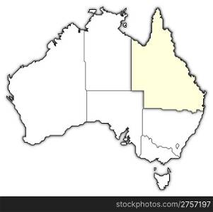 Map of Australia, Queensland highlighted. Political map of Australia with the several states where Queensland is highlighted.