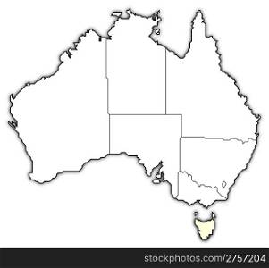 Map of Australia, Tasmania highlighted. Political map of Australia with the several states where Tasmania is highlighted.