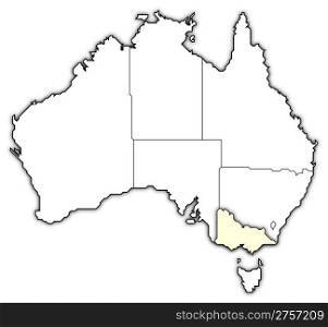 Map of Australia, Victoria highlighted. Political map of Australia with the several states where Victoria is highlighted.