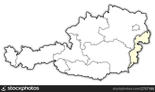 Map of Austria, Burgenland highlighted. Political map of Austria with the several states where Burgenland is highlighted.