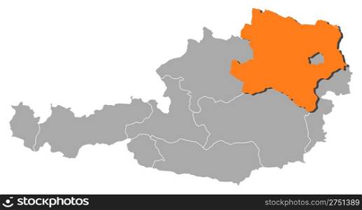 Map of Austria, Lower Austria highlighted. Political map of Austria with the several states where Lower Austria is highlighted.