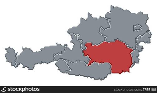 Map of Austria, Styria highlighted. Political map of Austria with the several states where Styria is highlighted.