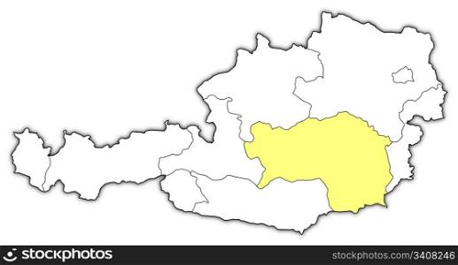 Map of Austria, Styria highlighted. Political map of Austria with the several states where Styria is highlighted.