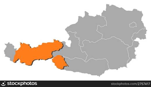 Map of Austria, Tyrol highlighted. Political map of Austria with the several states where Tyrol is highlighted.