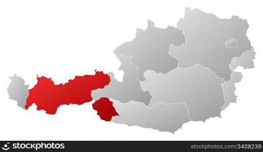 Map of Austria, Tyrol highlighted. Political map of Austria with the several states where Tyrol is highlighted.