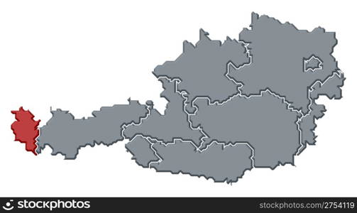 Map of Austria, Vorarlberg highlighted. Political map of Austria with the several states where Vorarlberg is highlighted.