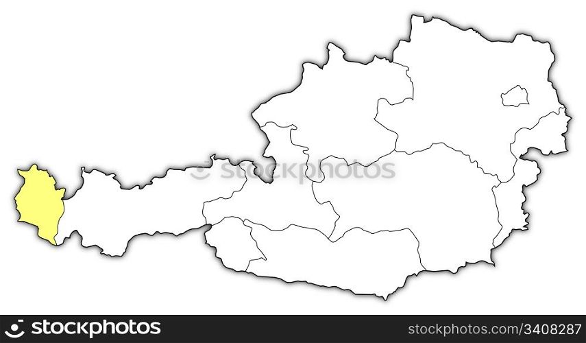 Map of Austria, Vorarlberg highlighted. Political map of Austria with the several states where Vorarlberg is highlighted.