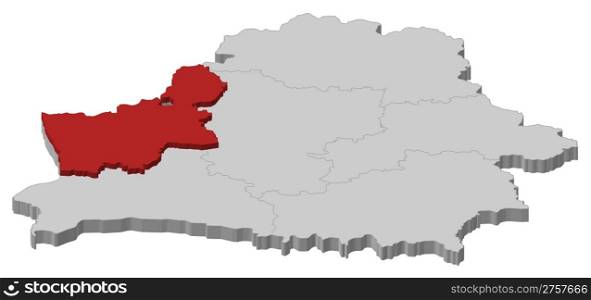Map of Belarus, Grodno highlighted. Political map of Belarus with the several provinces where Grodno is highlighted.