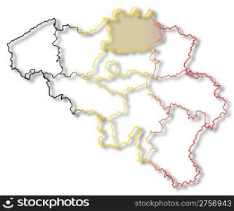 Map of Belgium, Antwerp highlighted. Political map of Belgium with the several states where Antwerp is highlighted.