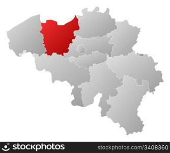 Map of Belgium, East Flanders highlighted. Political map of Belgium with the several states where East Flanders is highlighted.