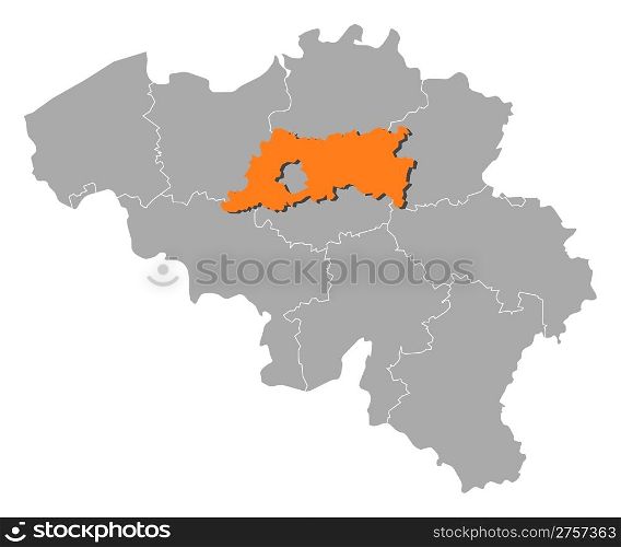 Map of Belgium, Flemish Brabant highlighted. Political map of Belgium with the several states where Flemish Brabant is highlighted.