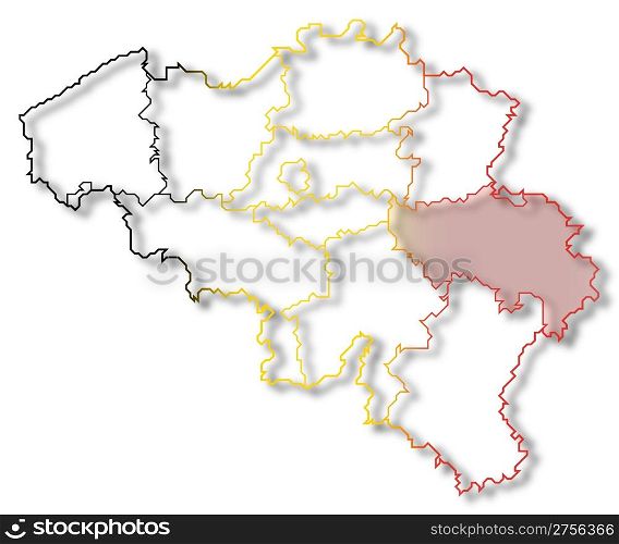 Map of Belgium, Liege highlighted. Political map of Belgium with the several states where Liege is highlighted.