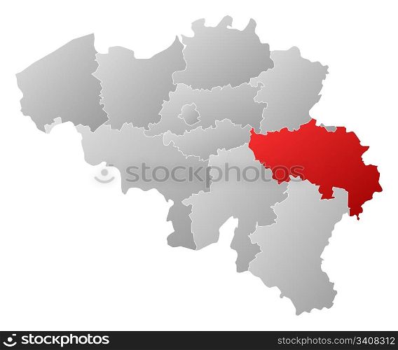 Map of Belgium, Liege highlighted. Political map of Belgium with the several states where Liege is highlighted.