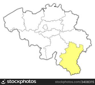 Map of Belgium, Luxembourg highlighted. Political map of Belgium with the several states where Luxembourg is highlighted.